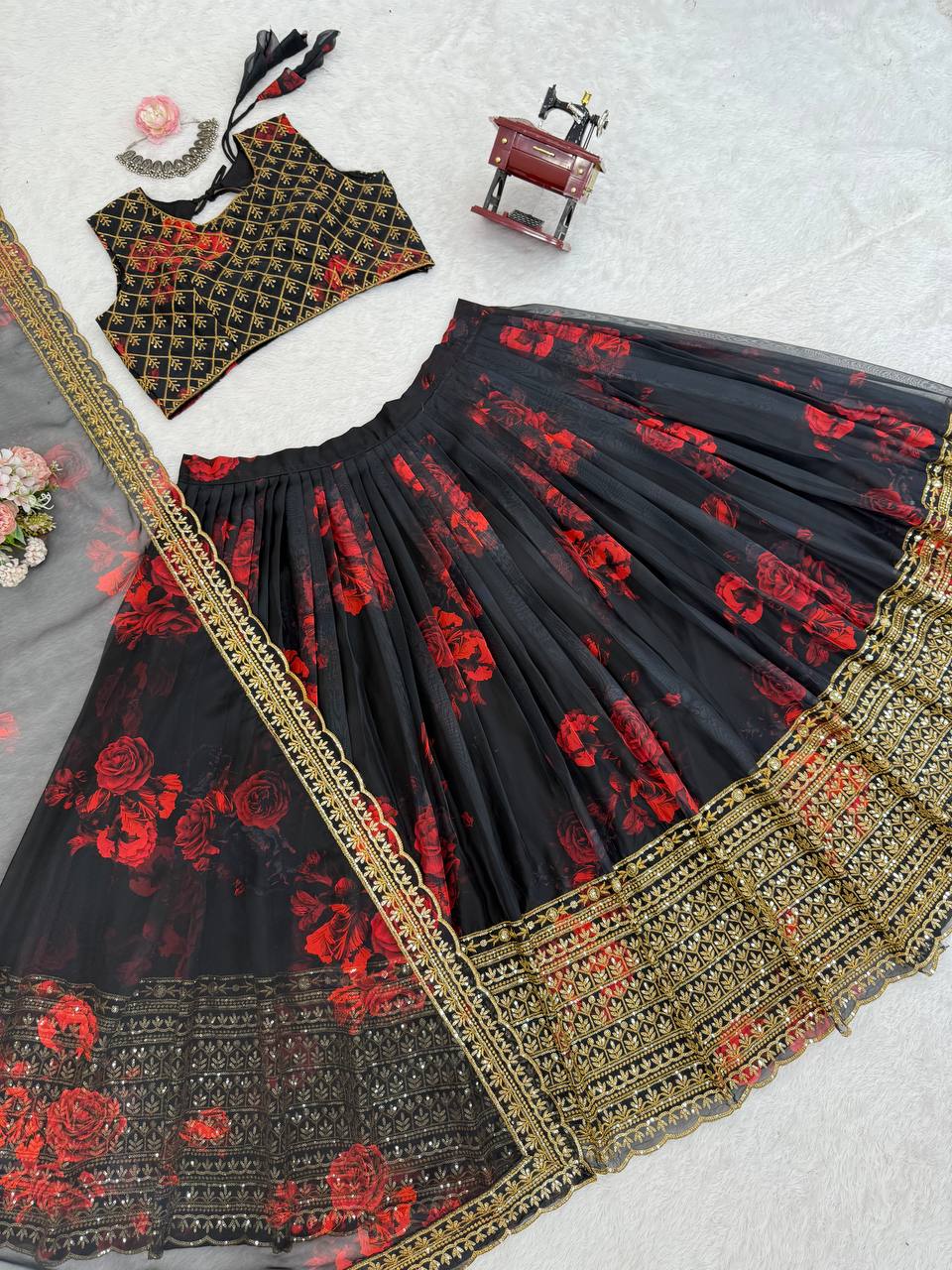 Liecryart Premium Reyon Semi-Stitched Lehenga Set – Digital Print, Mirror & Lace Work, Wedding & Festive Wear