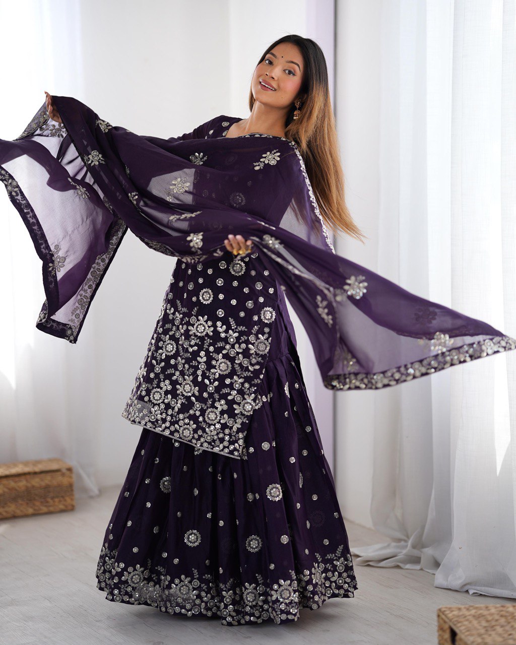 Star Georgette Sharara Set – Thread & Sequence Embroidery with Dupatta