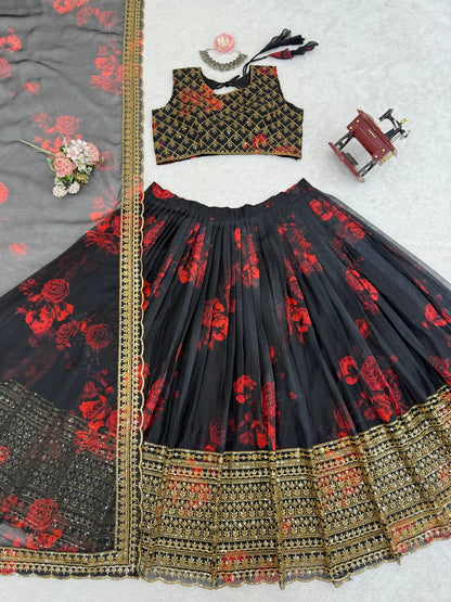 Liecryart Premium Reyon Semi-Stitched Lehenga Set – Digital Print, Mirror & Lace Work, Wedding & Festive Wear