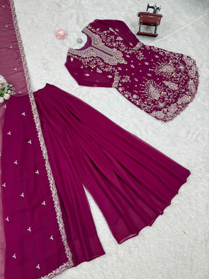 Premium Faux Georgette Sharara Set – Thread & Sequin Work | Front & Back Embroidery | With Dupatta