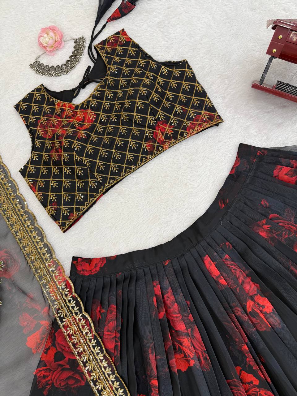 Liecryart Premium Reyon Semi-Stitched Lehenga Set – Digital Print, Mirror & Lace Work, Wedding & Festive Wear