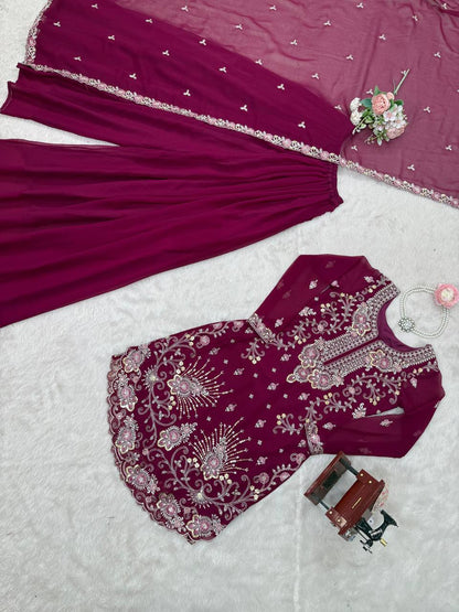 Premium Faux Georgette Sharara Set – Thread & Sequin Work | Front & Back Embroidery | With Dupatta