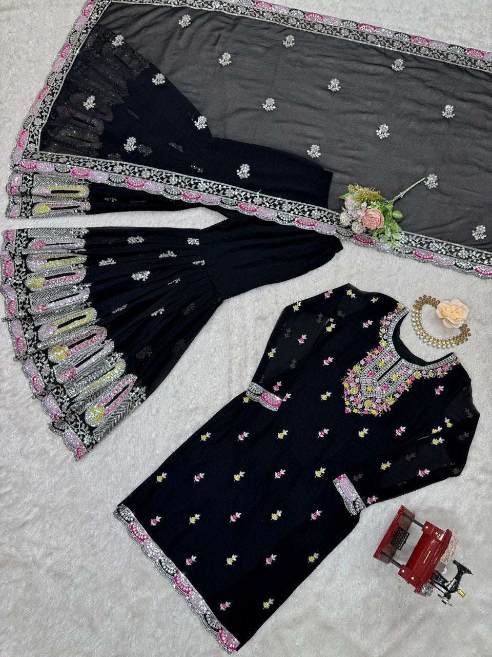 Faux Georgette Embroidered Top & Sharara Set with Dupatta | Front & Back Work | 3-Piece Ethnic Outfit