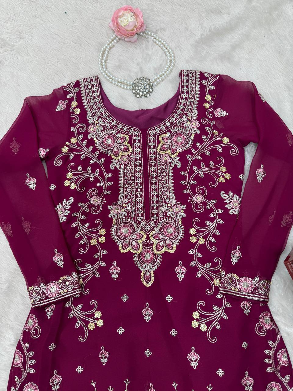 Premium Faux Georgette Sharara Set – Thread & Sequin Work | Front & Back Embroidery | With Dupatta