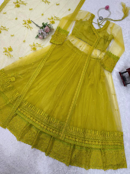 Liecryart Premium Reyon Semi-Stitched Designer Dress – Digital Print, Mirror & Lace Work, Wedding & Festive Wear