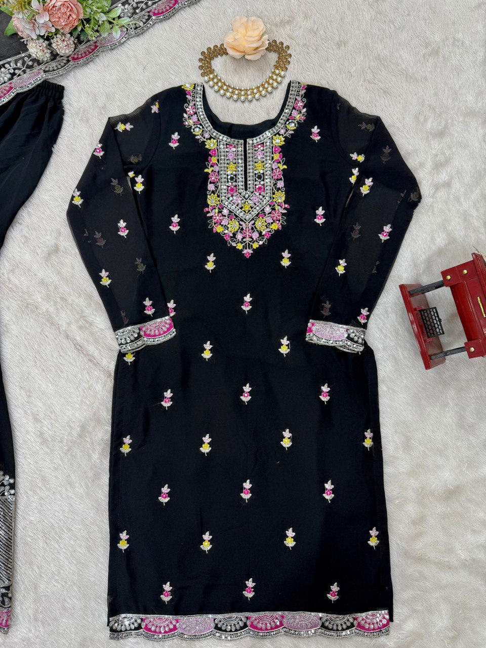 Faux Georgette Embroidered Top & Sharara Set with Dupatta | Front & Back Work | 3-Piece Ethnic Outfit