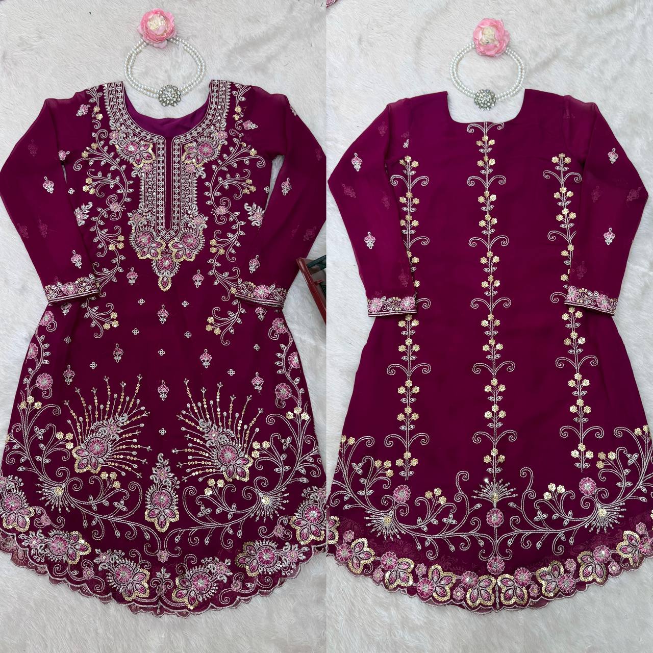 Premium Faux Georgette Sharara Set – Thread & Sequin Work | Front & Back Embroidery | With Dupatta