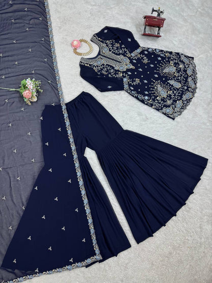 Premium Faux Georgette Sharara Set – Thread & Sequin Work | Front & Back Embroidery | With Dupatta