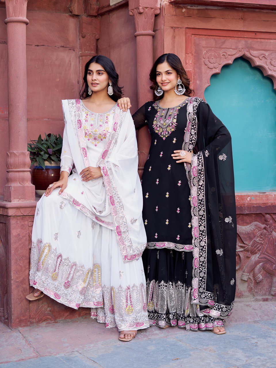 Faux Georgette Embroidered Top & Sharara Set with Dupatta | Front & Back Work | 3-Piece Ethnic Outfit