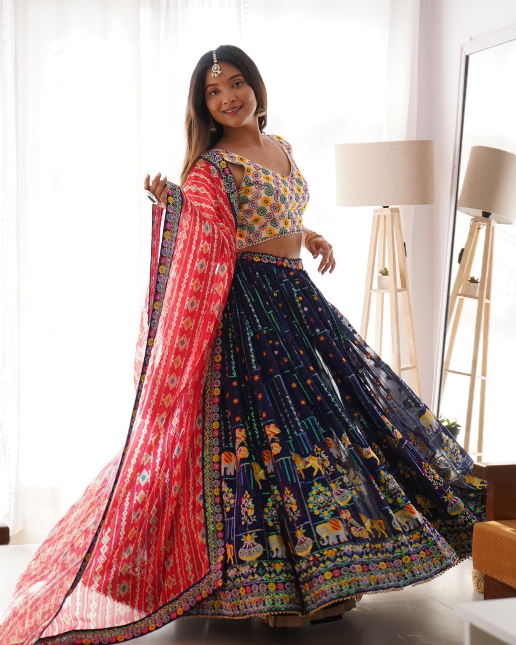 Liecryart Faux Georgette Semi-Stitched Designer Lehenga – Thread & Sequence Work with Heavy Lace, Digital Print Dupatta