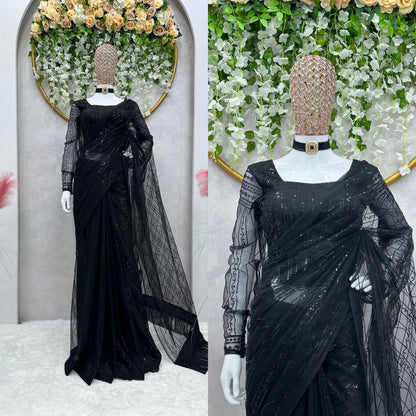 Liecryart Heavy Net Ready-to-Wear Designer Saree – Sequence Work with Fancy Lace & Matching Blouse