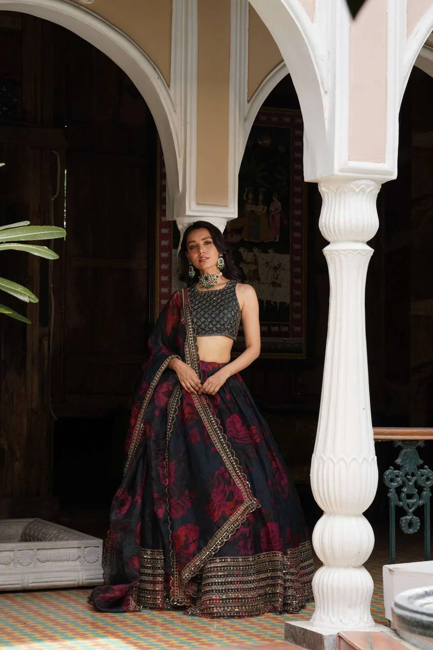 Liecryart Premium Reyon Semi-Stitched Lehenga Set – Digital Print, Mirror & Lace Work, Wedding & Festive Wear