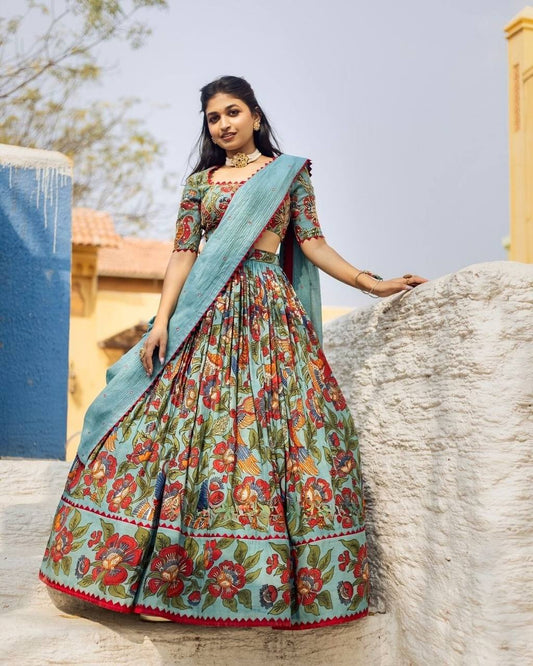 Elegant kalamkari lehenga , light shades to complement to create beautiful aura in all function