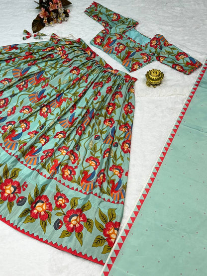 Elegant kalamkari lehenga , light shades to complement to create beautiful aura in all function
