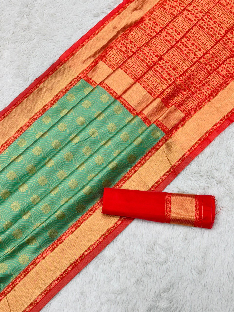 South Indian Sky Blue Saree with Gold Zari and Orange Accent