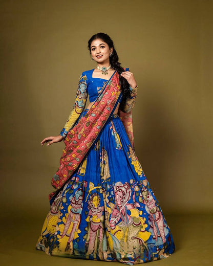 Vibrant Kalamkari Lehenga Choli Set with Multicolor Cultural Prints