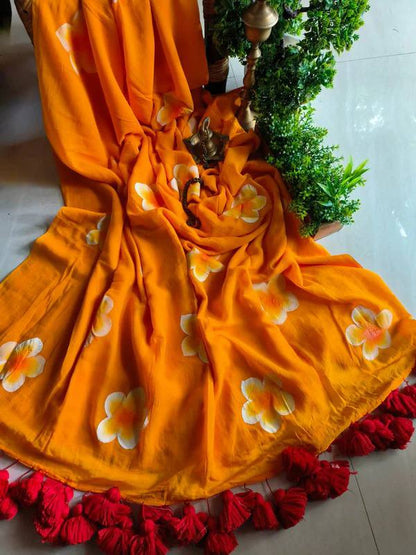 Elegant Linen Saree with Sunflower Print and Tassel Border – Lightweight Summer Wear