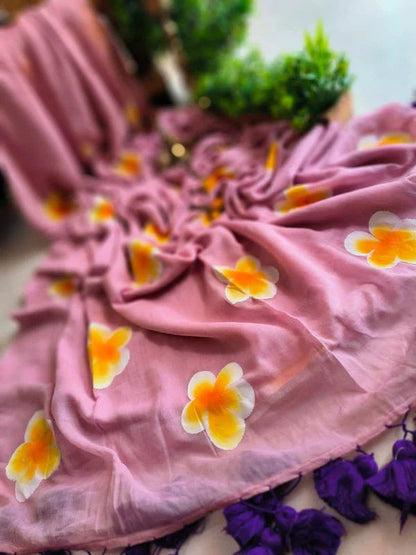 Elegant Linen Saree with Sunflower Print and Tassel Border – Lightweight Summer Wear