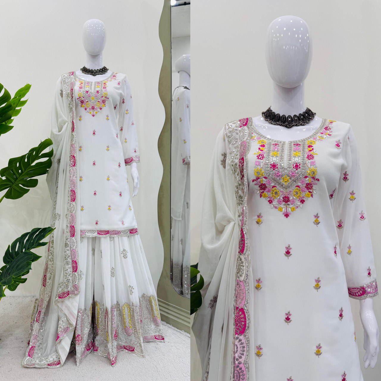 Faux Georgette Embroidered Top & Sharara Set with Dupatta | Front & Back Work | 3-Piece Ethnic Outfit