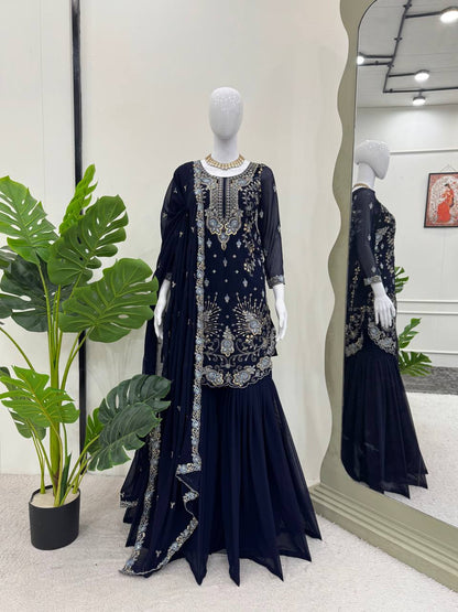 Premium Faux Georgette Sharara Set – Thread & Sequin Work | Front & Back Embroidery | With Dupatta