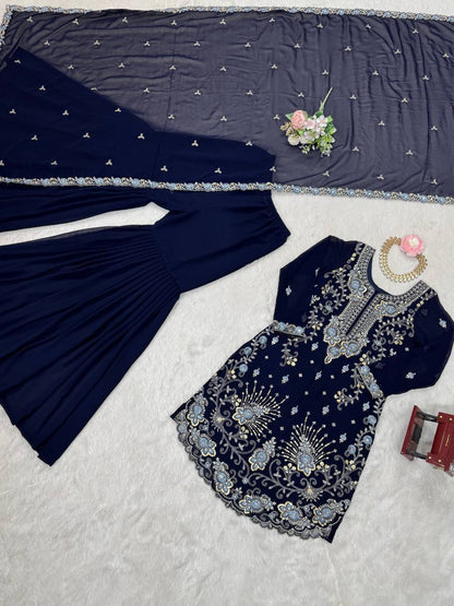 Premium Faux Georgette Sharara Set – Thread & Sequin Work | Front & Back Embroidery | With Dupatta