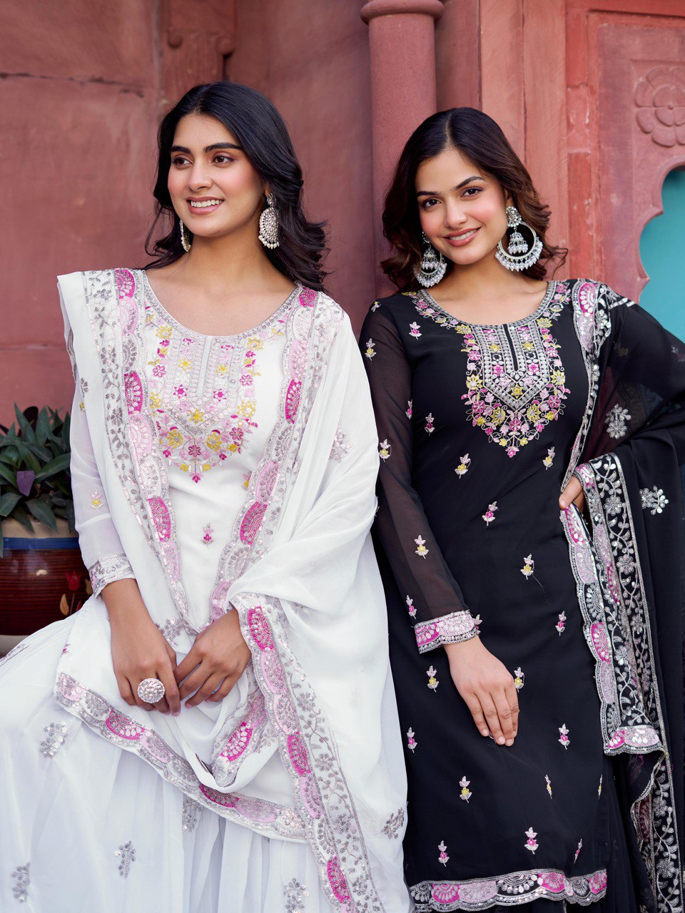 Faux Georgette Embroidered Top & Sharara Set with Dupatta | Front & Back Work | 3-Piece Ethnic Outfit