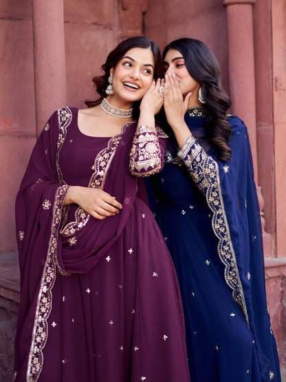 Faux Georgette Designer Gown Set with Front & Back Thread-Sequin Work | 3-Piece Set | 4 Colors