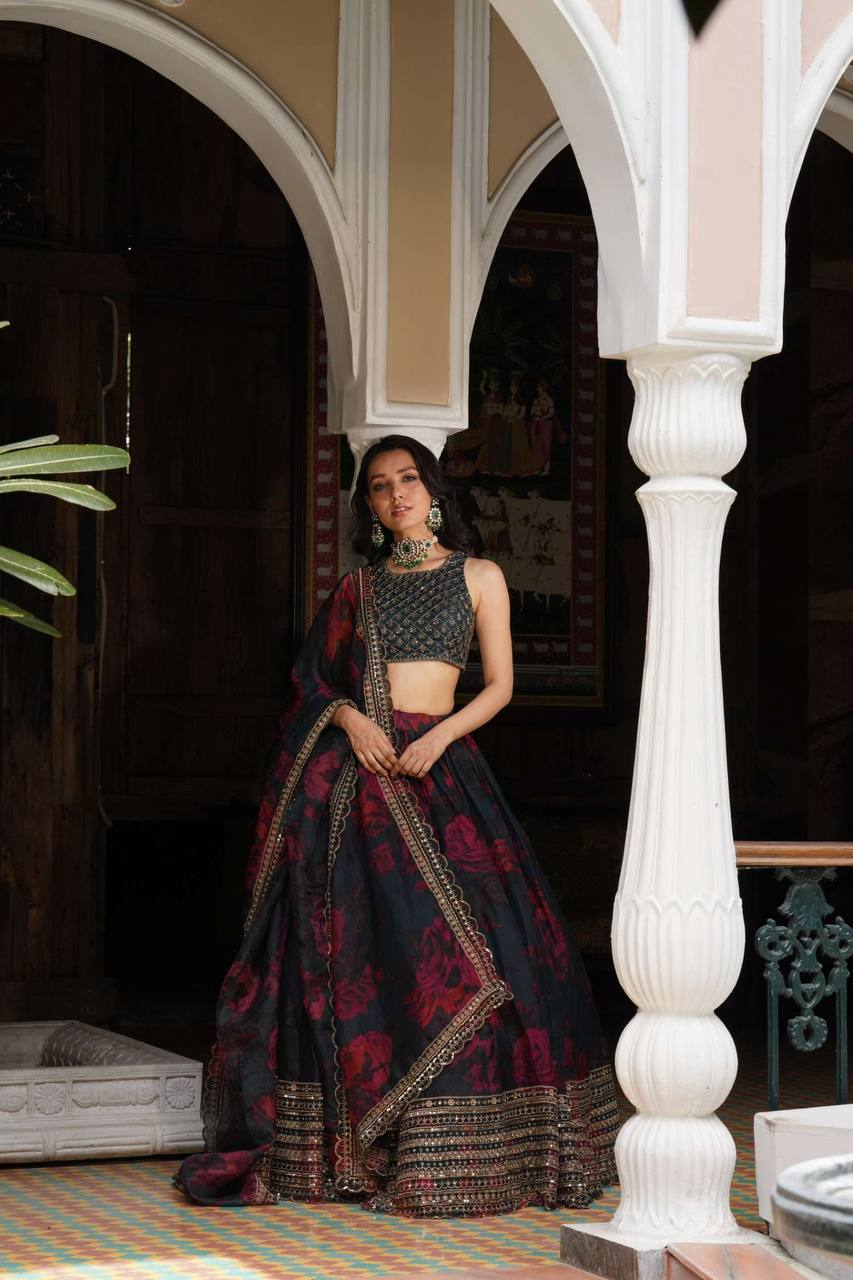 Liecryart Premium Reyon Semi-Stitched Lehenga Set – Digital Print, Mirror & Lace Work, Wedding & Festive Wear