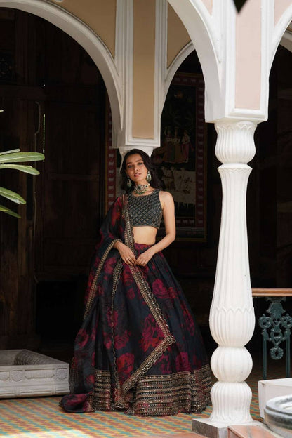 Liecryart Premium Reyon Semi-Stitched Lehenga Set – Digital Print, Mirror & Lace Work, Wedding & Festive Wear
