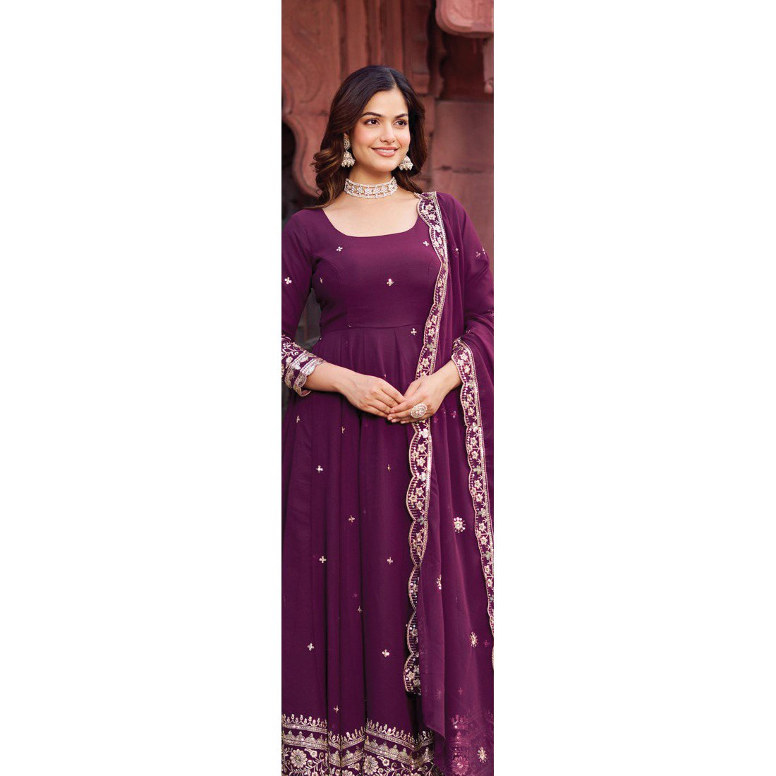 Faux Georgette Designer Gown Set with Front & Back Thread-Sequin Work | 3-Piece Set | 4 Colors
