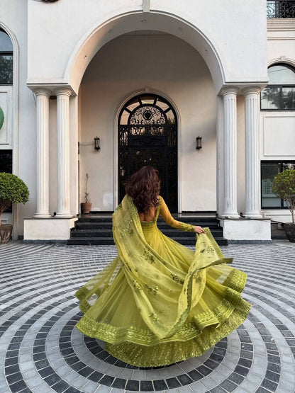 Liecryart Premium Reyon Semi-Stitched Designer Dress – Digital Print, Mirror & Lace Work, Wedding & Festive Wear