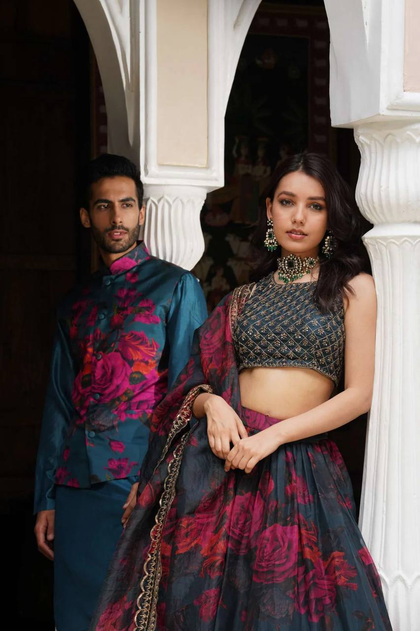 Liecryart Premium Reyon Semi-Stitched Lehenga Set – Digital Print, Mirror & Lace Work, Wedding & Festive Wear