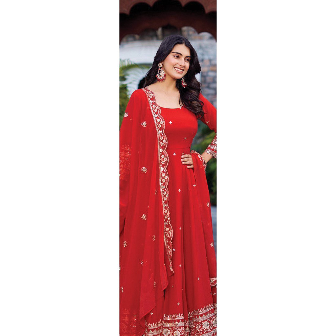 Faux Georgette Designer Gown Set with Front & Back Thread-Sequin Work | 3-Piece Set | 4 Colors