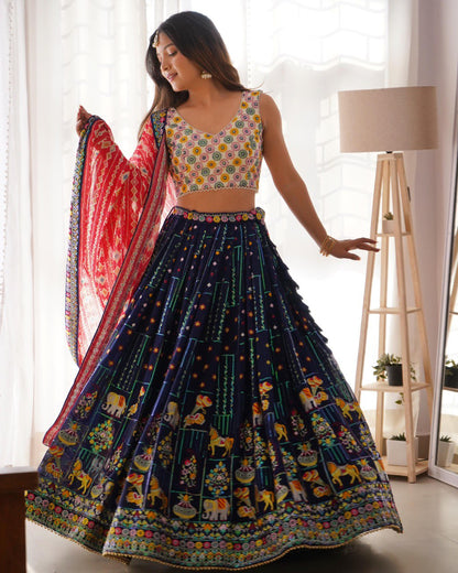 Liecryart Faux Georgette Semi-Stitched Designer Lehenga – Thread & Sequence Work with Heavy Lace, Digital Print Dupatta