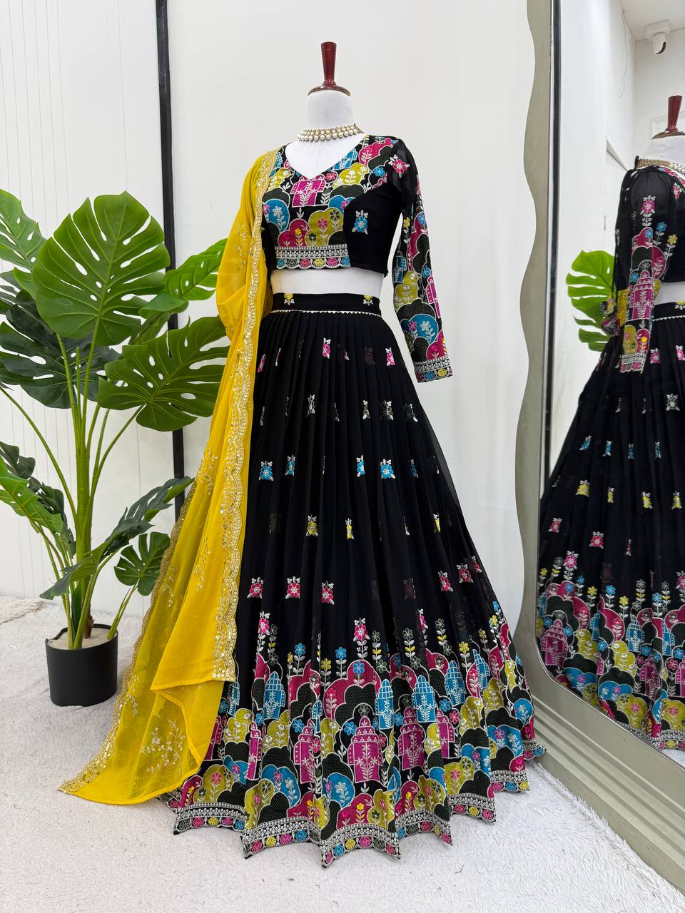 Liecryart Premium Reyon Semi-Stitched Lehenga Set – Digital Print, Mirror & Lace Work, Wedding & Festive Wear