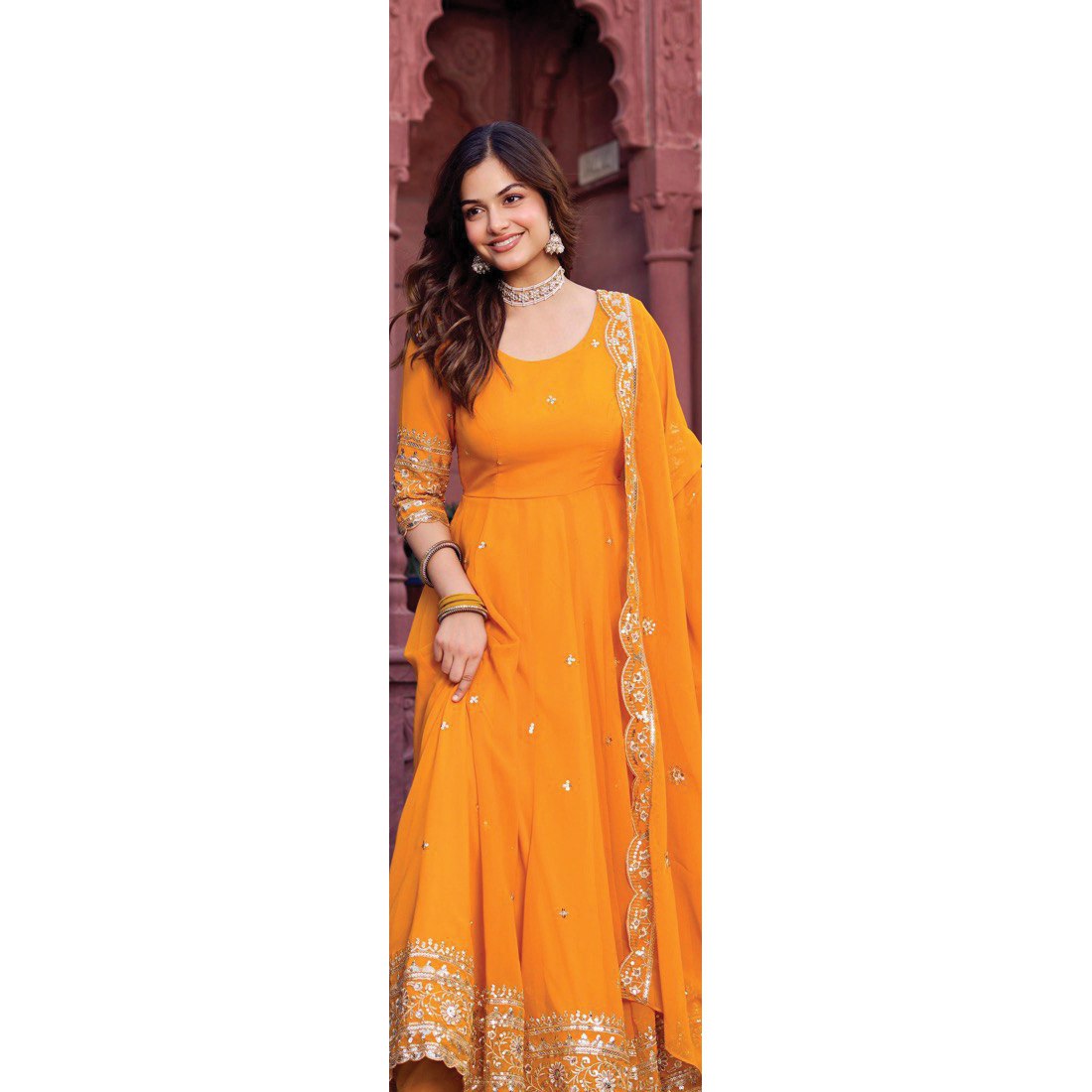 Faux Georgette Designer Gown Set with Front & Back Thread-Sequin Work | 3-Piece Set | 4 Colors