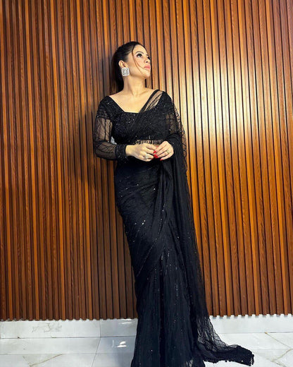 Liecryart Heavy Net Ready-to-Wear Designer Saree – Sequence Work with Fancy Lace & Matching Blouse