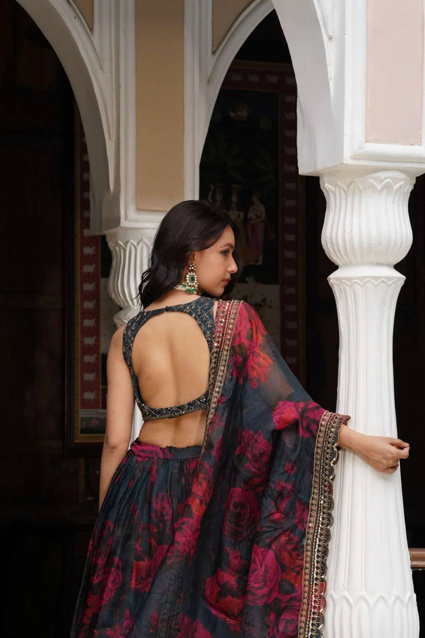 Liecryart Premium Reyon Semi-Stitched Lehenga Set – Digital Print, Mirror & Lace Work, Wedding & Festive Wear