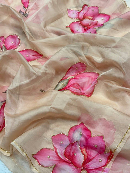 Light & Airy Organza Saree with Intricate Floral Patterns & Designer Finish