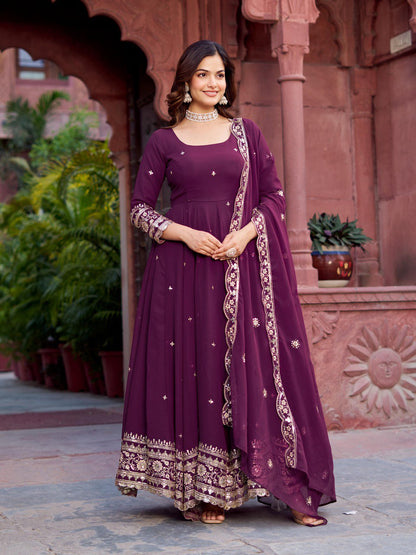 Faux Georgette Designer Gown Set with Front & Back Thread-Sequin Work | 3-Piece Set | 4 Colors