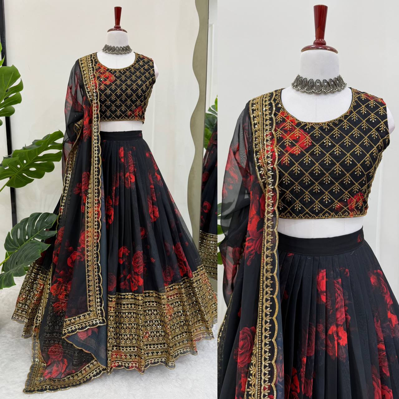 Liecryart Premium Reyon Semi-Stitched Lehenga Set – Digital Print, Mirror & Lace Work, Wedding & Festive Wear