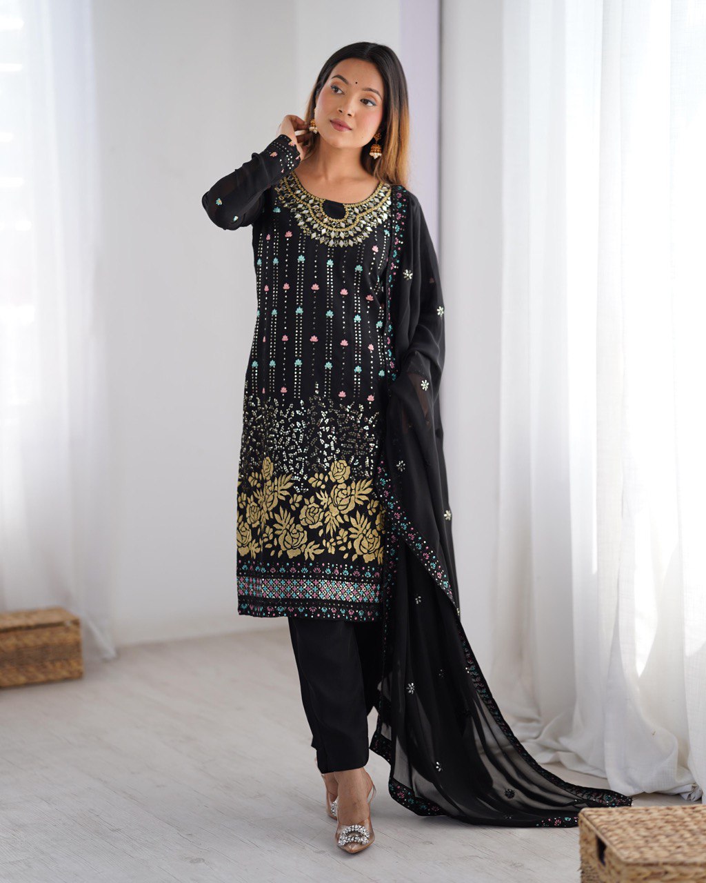 Faux Georgette Top & Pant Set with Real Mirror Work
