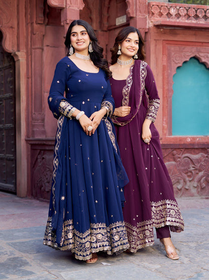 Faux Georgette Designer Gown Set with Front & Back Thread-Sequin Work | 3-Piece Set | 4 Colors