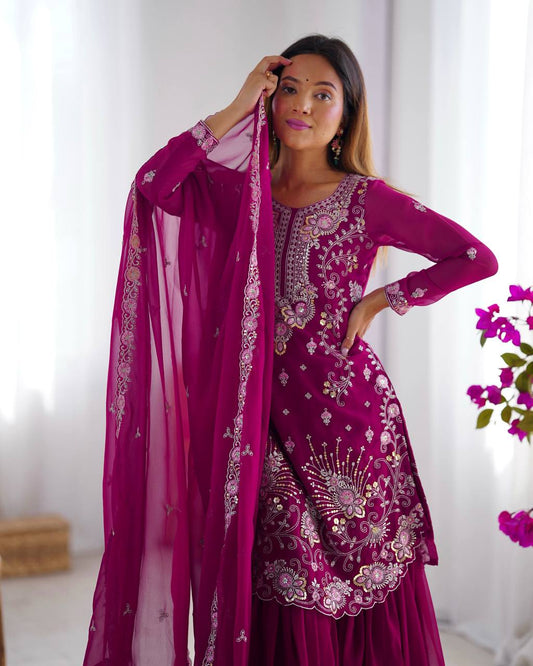 Premium Faux Georgette Sharara Set – Thread & Sequin Work | Front & Back Embroidery | With Dupatta