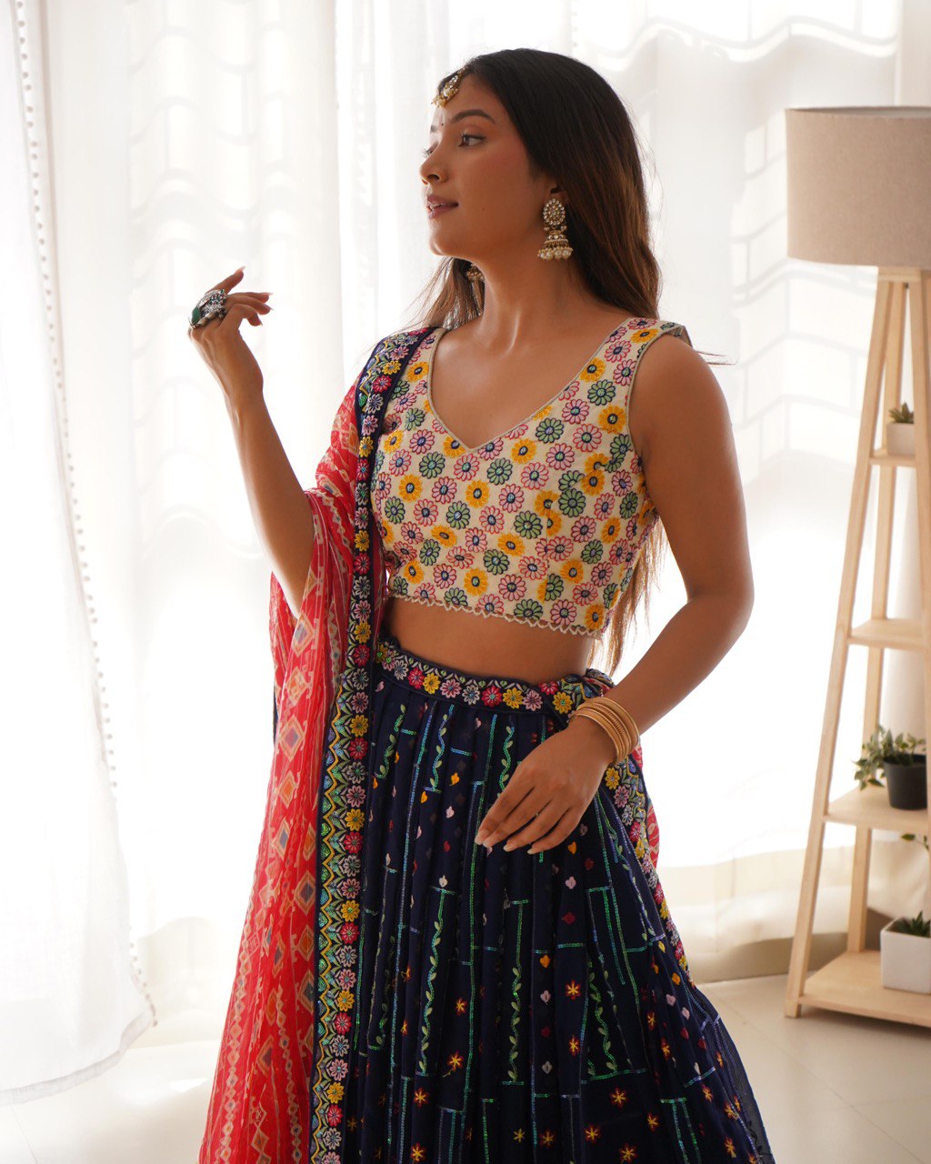 Liecryart Faux Georgette Semi-Stitched Designer Lehenga – Thread & Sequence Work with Heavy Lace, Digital Print Dupatta