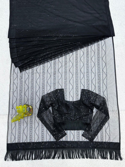 Liecryart Heavy Net Ready-to-Wear Designer Saree – Sequence Work with Fancy Lace & Matching Blouse