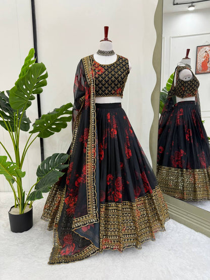 Liecryart Premium Reyon Semi-Stitched Lehenga Set – Digital Print, Mirror & Lace Work, Wedding & Festive Wear