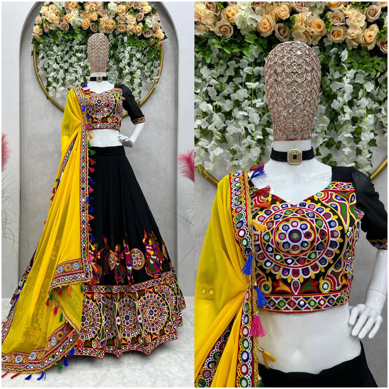 Premium Faux Georgette Lehenga Set – Chain-Stitch & Original Mirror Work | Semi-Stitched | With Dupatta