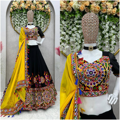 Premium Faux Georgette Lehenga Set – Chain-Stitch & Original Mirror Work | Semi-Stitched | With Dupatta