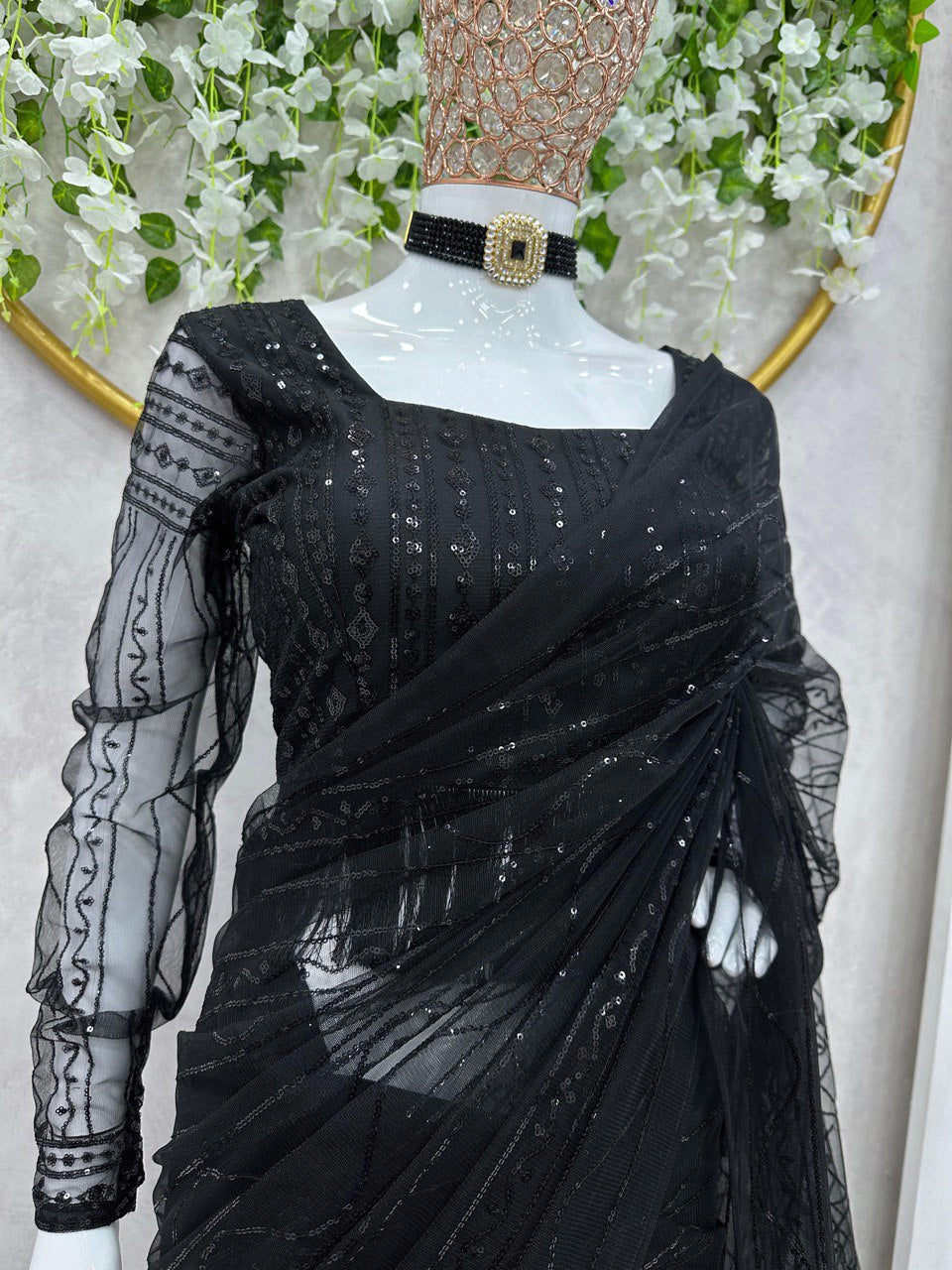 Liecryart Heavy Net Ready-to-Wear Designer Saree – Sequence Work with Fancy Lace & Matching Blouse